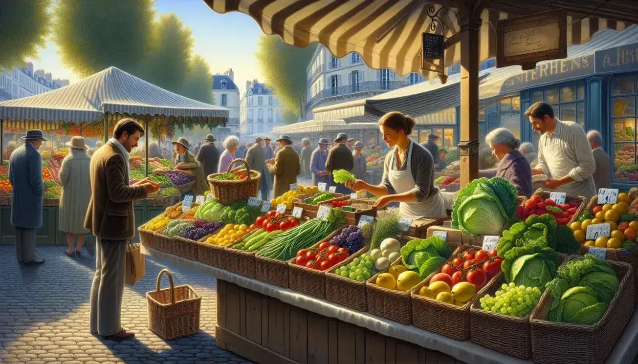 Bustling French outdoor market with fresh produce on display, vendor engaging with customers, clear blue sky, and sunny ambiance.