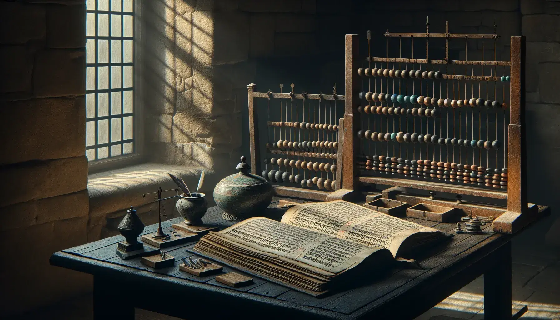 Estudio del siglo XV con libro de contabilidad abierto, tintero de cerámica, balanza de bronce y ábaco, bajo luz natural que crea un juego de sombras.