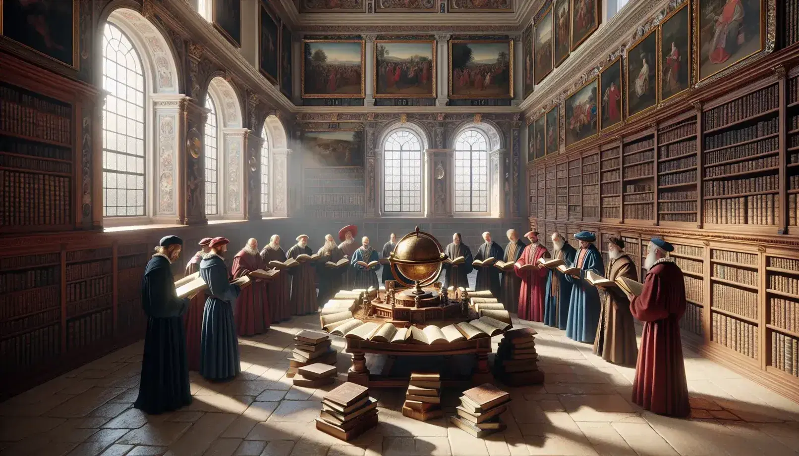 Renaissance-style study room with scholars in period attire discussing over books, surrounded by bookshelves, paintings, a globe, and an astrolabe.