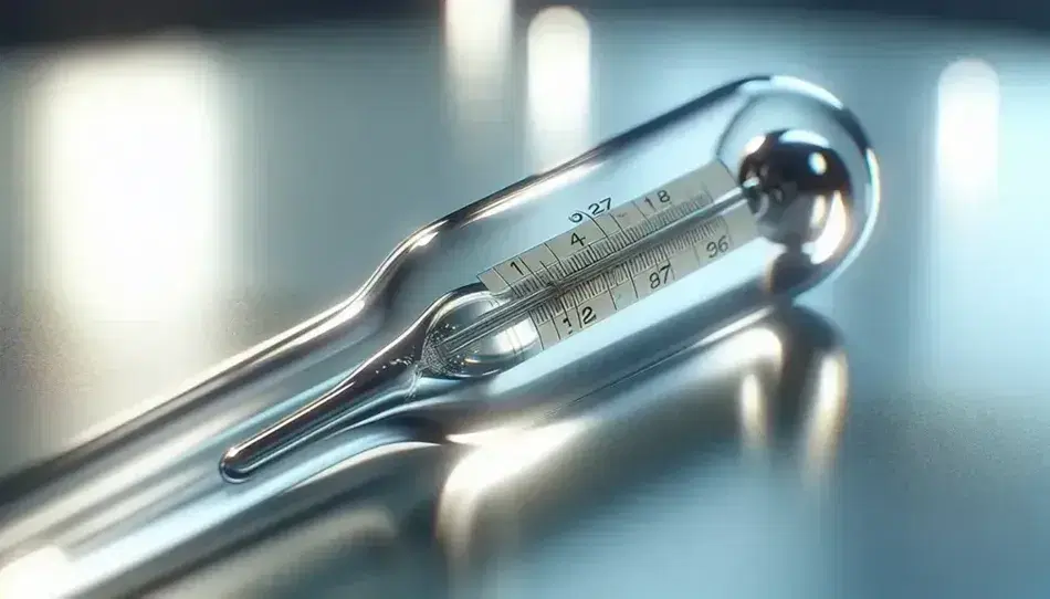 Close up of a traditional mercury thermometer with partially elevated mercury column on a blue and white blurred background.