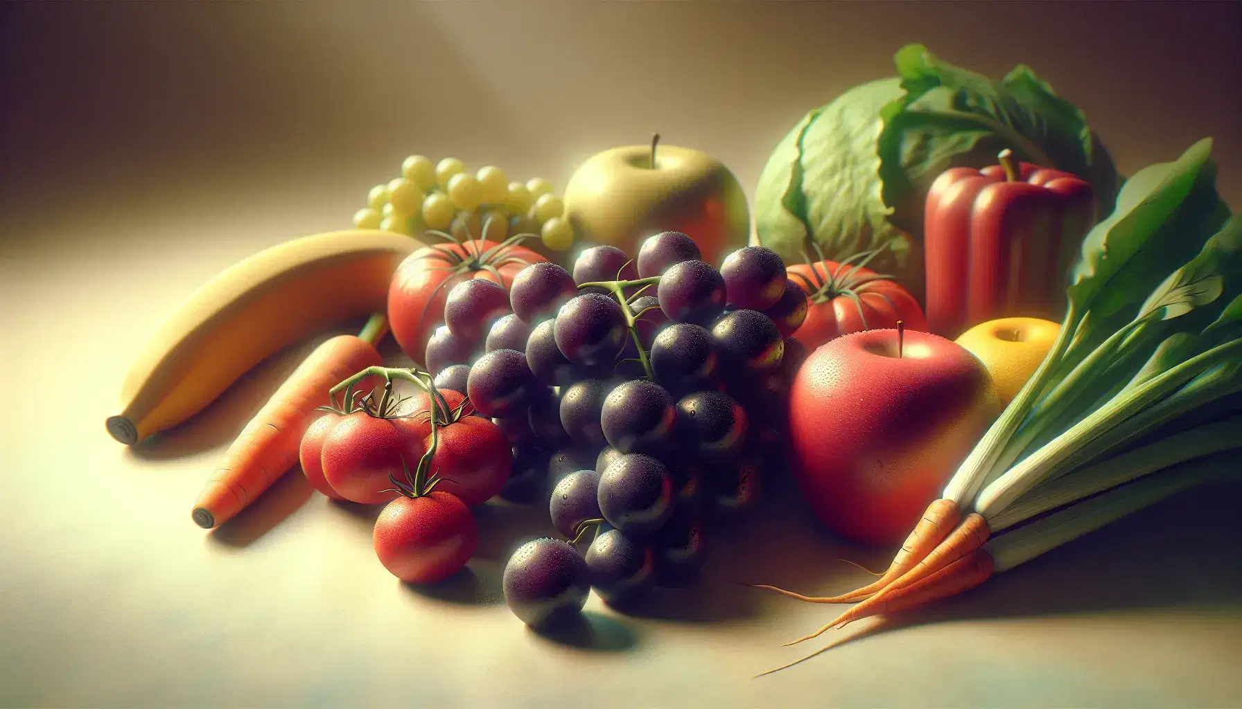 Variedad de frutas y verduras frescas con uvas moradas, manzana roja, banana madura, tomate rojo, lechuga verde y zanahoria naranja sobre superficie clara.
