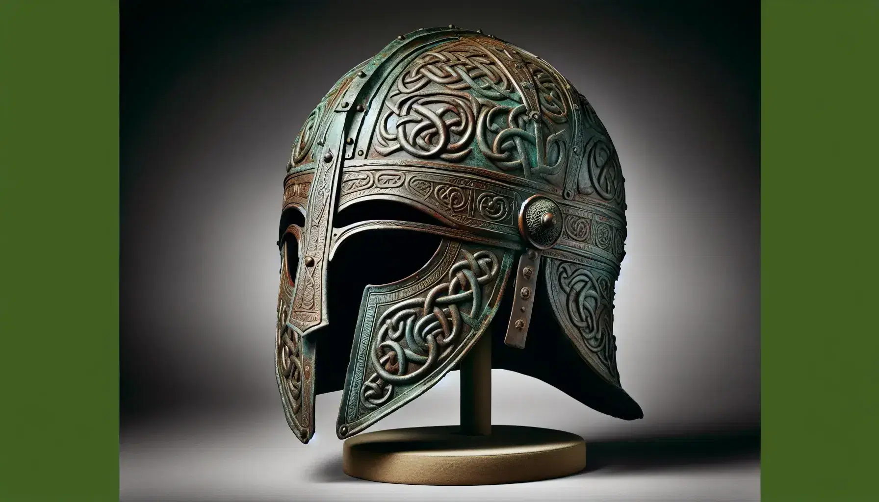 Anglo-Saxon bronze helmet with embossed animal motifs and nose-guard on a dark wooden stand, showcasing patina and intricate metalwork.