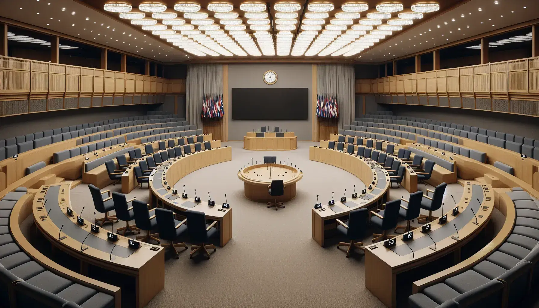 Sala vuota del parlamento con banchi a semicerchio, sedie blu, tribuna rialzata con grande schermo spento e bandiere non identificabili.