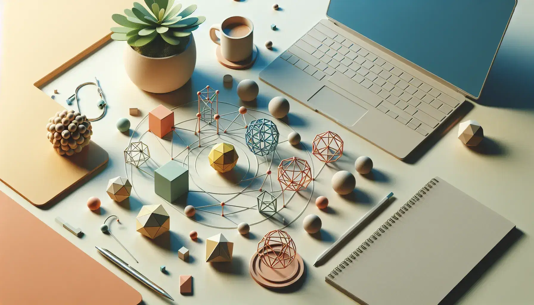 Mesa de trabajo con figuras geométricas tridimensionales coloridas, planta en maceta de terracota, taza sobre posavasos y portátil con libreta al fondo.