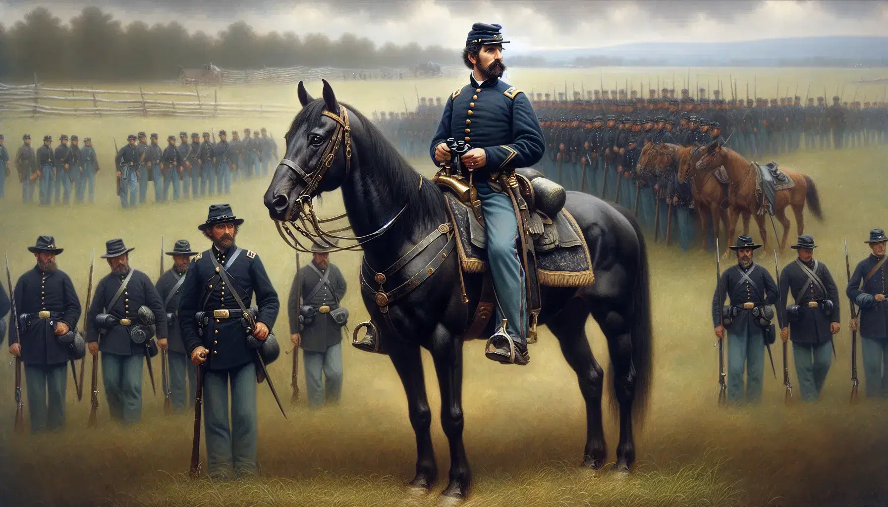 Civil War battlefield scene with a Union officer on horseback using binoculars and soldiers in formation against a backdrop of a grassy field and trees.