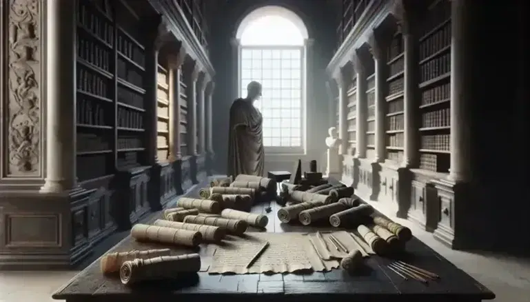 Biblioteca romana antica con tavolo in legno, rotoli di papiro, tavolette di cera e statua marmorea di filosofo, illuminata da luce naturale.