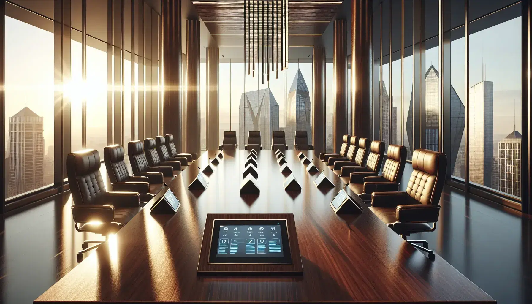 Elegant boardroom with a polished mahogany table, leather chairs, and modern voting devices, overlooking a cityscape through floor-to-ceiling windows.