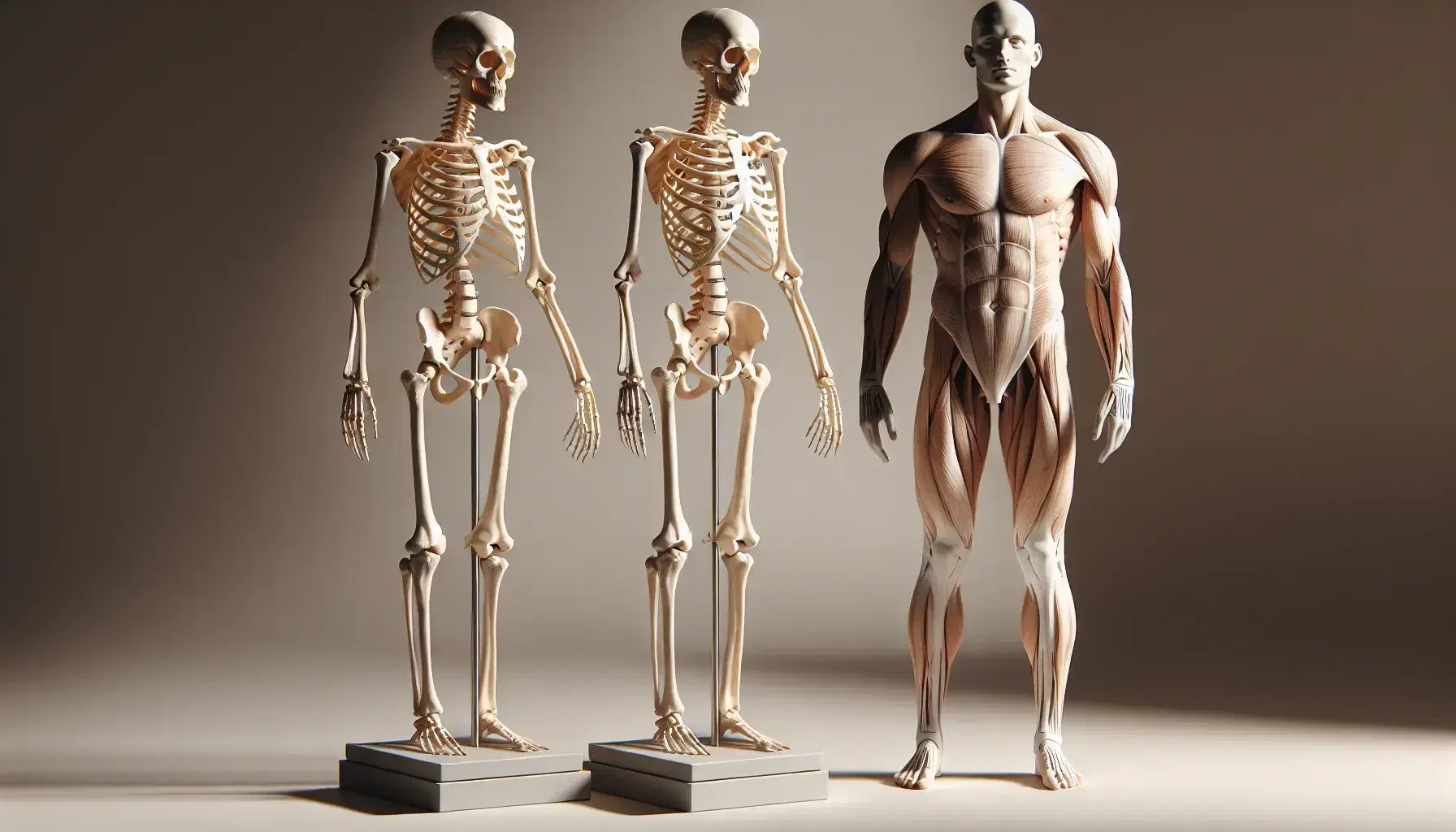 Esqueleto humano completo y figura muscular de pie en posición neutral sobre base metálica, contra fondo neutro, sin sombras marcadas.