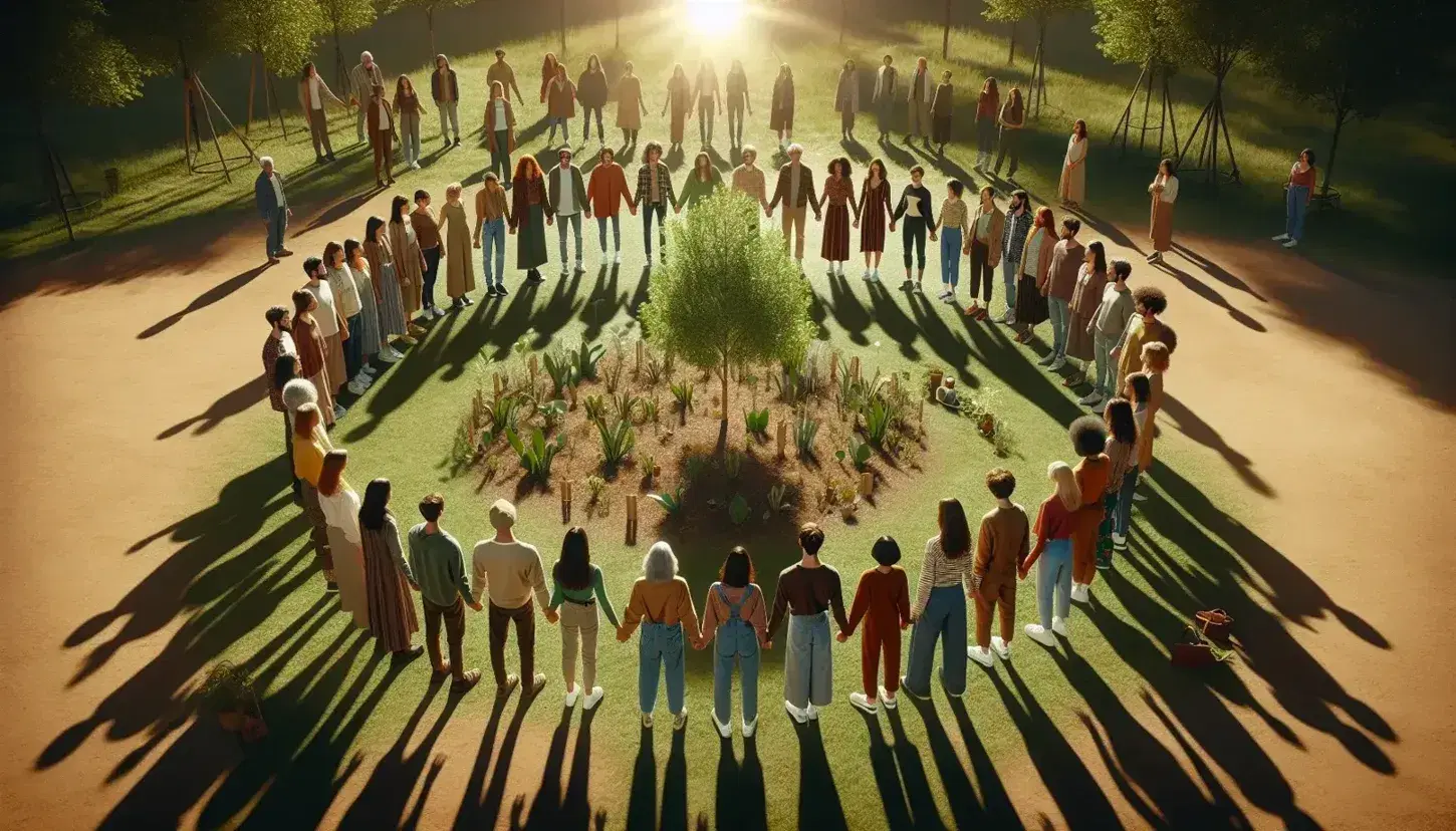 Grupo diverso de personas unidas en círculo alrededor de un árbol joven en un parque, extendiendo sus manos hacia él en un gesto de protección bajo la luz del sol.
