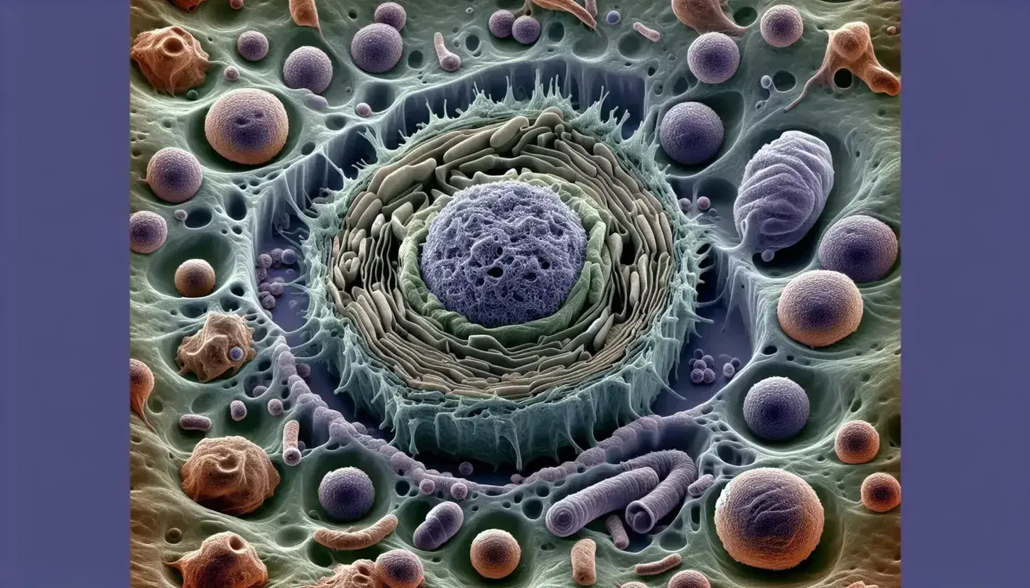 Micrografía electrónica de color de célula eucariota con núcleo, cromatina, mitocondrias, retículo endoplásmico y vesículas.