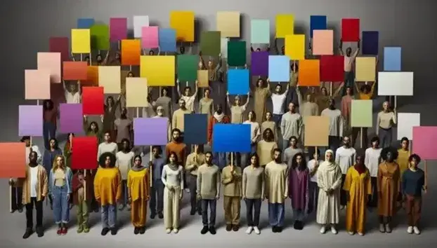 Diverse group holding blank colored placards in a rainbow sequence, representing inclusivity and unity, against a light gray background.