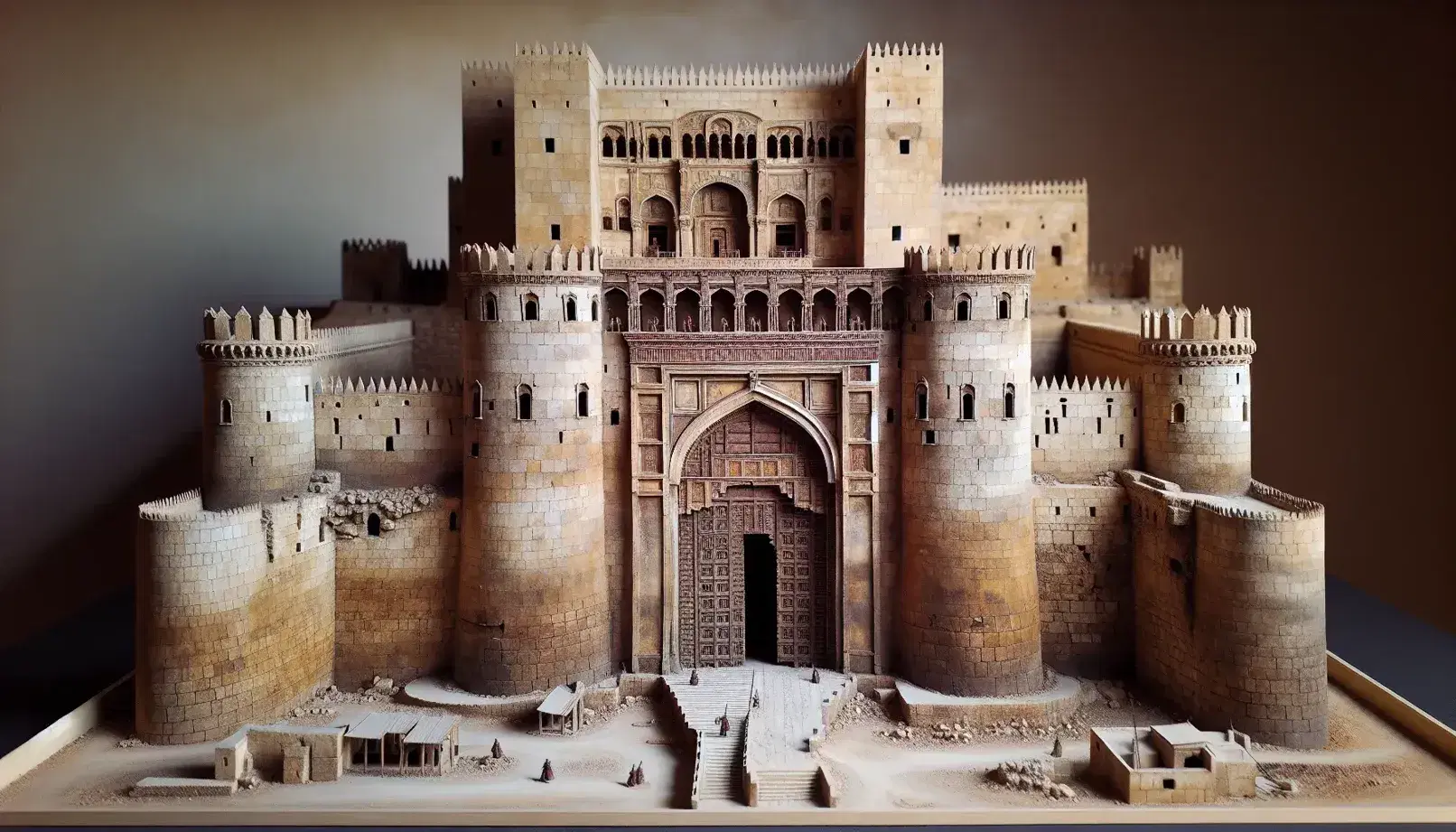 Scale model of the Citadel of Aleppo with detailed stone entrance, main keep with crenellations, surrounding Islamic architecture, and a miniature trebuchet.