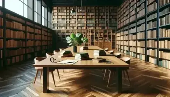 Biblioteca luminosa con estanterías de madera oscura llenas de libros, mesa central con sillas y libros abiertos, lupa y papel en blanco, ventana grande y planta verde.