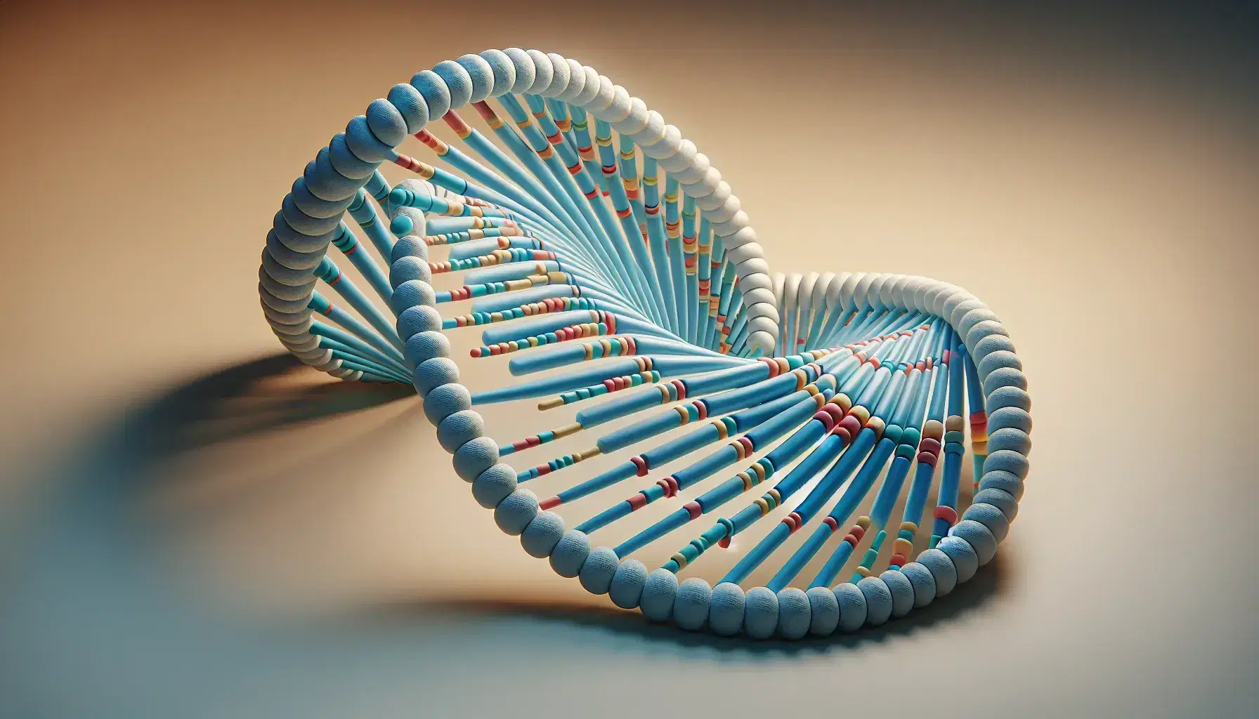 Modelo tridimensional de la doble hélice de ADN con espirales de colores que representan la estructura de bases nitrogenadas y la columna de azúcar-fosfato.