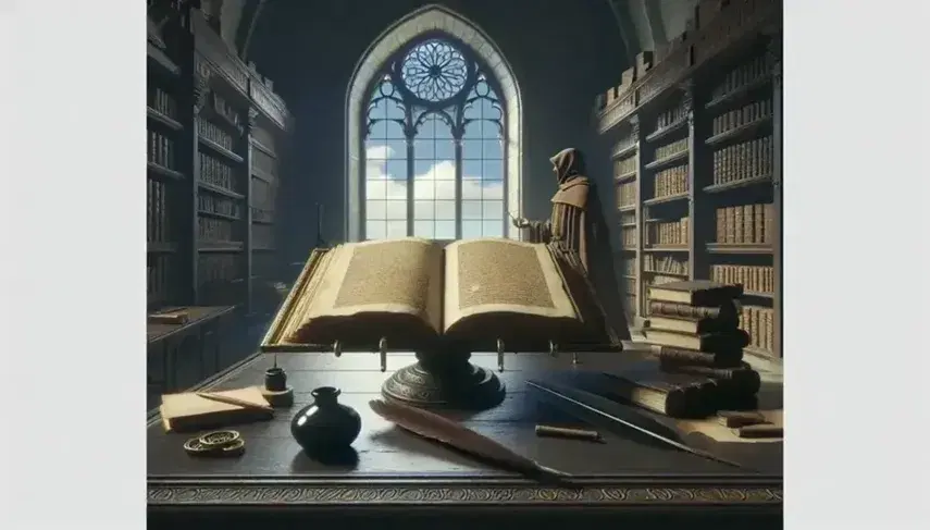 Biblioteca medieval con gran libro abierto en atril de madera, pluma y tintero al lado, figura en túnica reflexionando y estantes llenos de libros.