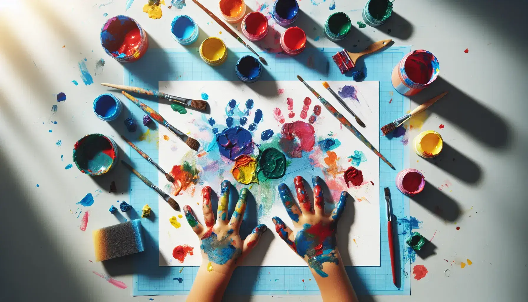 Manos infantiles pintando con colores vivos sobre papel blanco, rodeadas de pinceles, pinturas y esponjas en una mesa manchada.