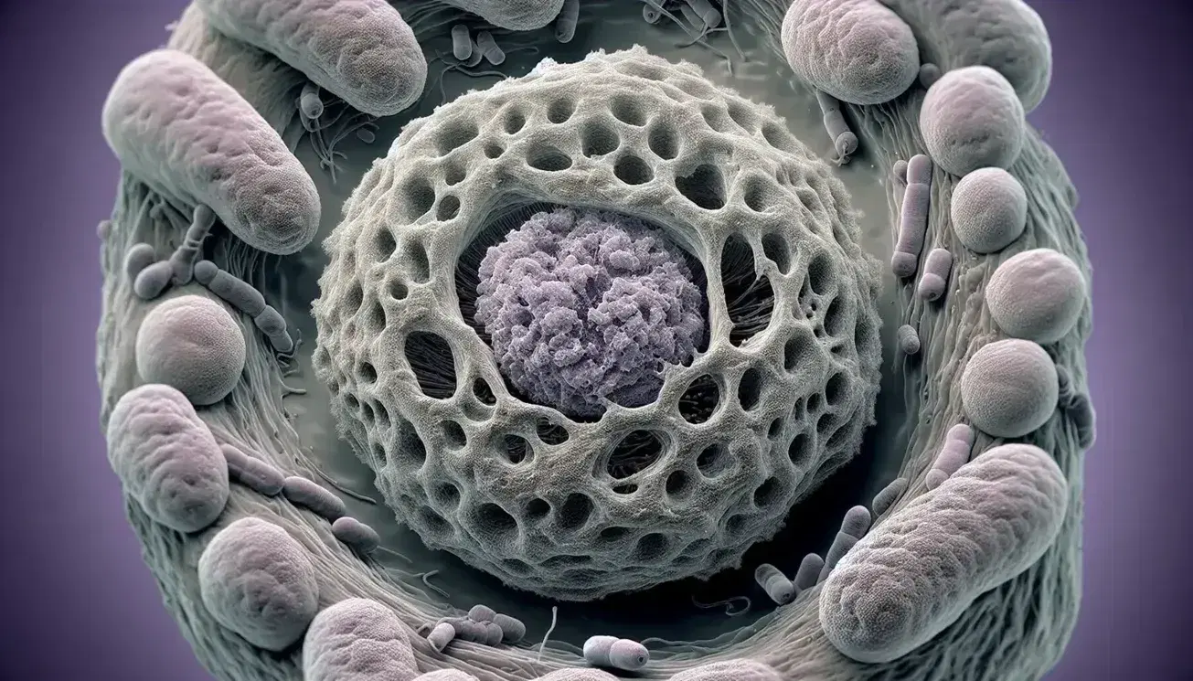Vista microscópica de alta resolución de un núcleo celular en interfase con cromatina teñida en morado, rodeado de citoplasma con mitocondrias y retículo endoplásmico.