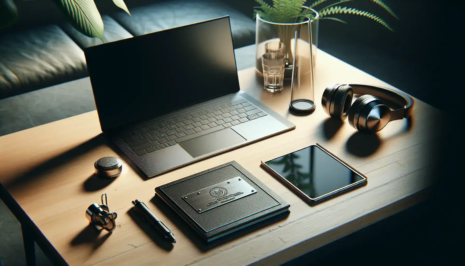Modern workspace with open laptop, black headphones, notebook, patent plaque, beaker with liquid, and potted plant on a wooden table, with blurred bookshelf background.