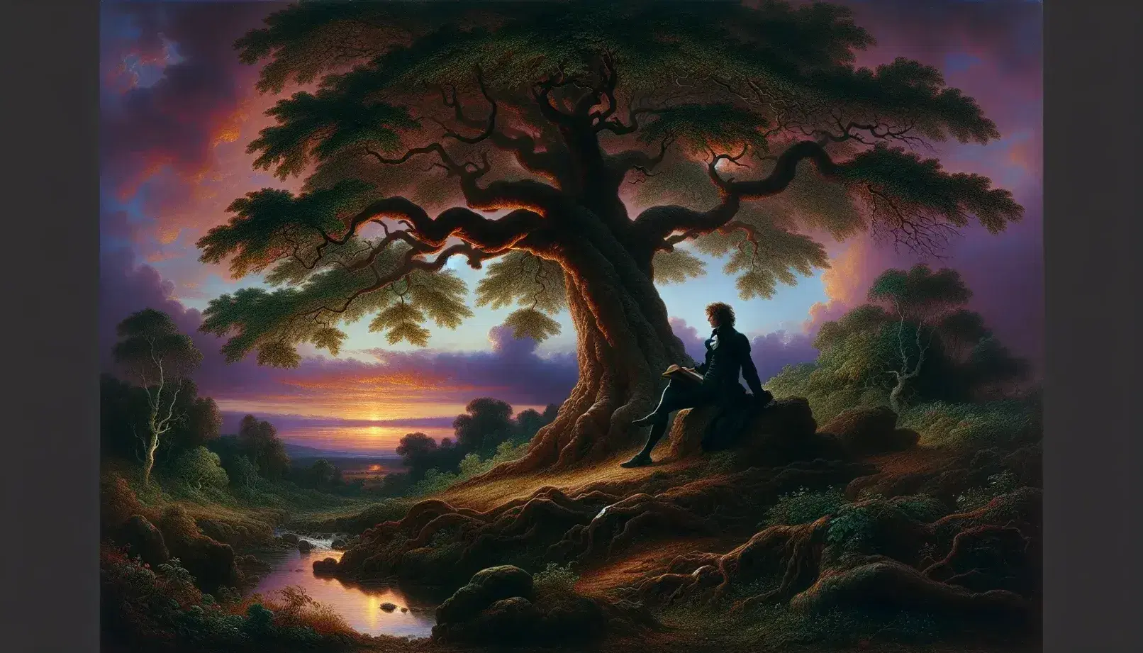 Albero rigoglioso al tramonto con cielo sfumato arancione e rosa, figura umana in abiti d'epoca contempla l'orizzonte seduta su una roccia.