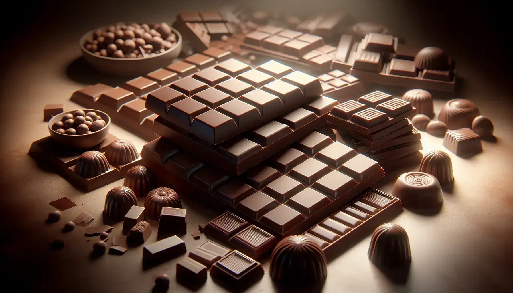 Assorted chocolate bars and pieces with glossy surfaces and segmented designs, in shades of brown, arranged on a neutral backdrop.
