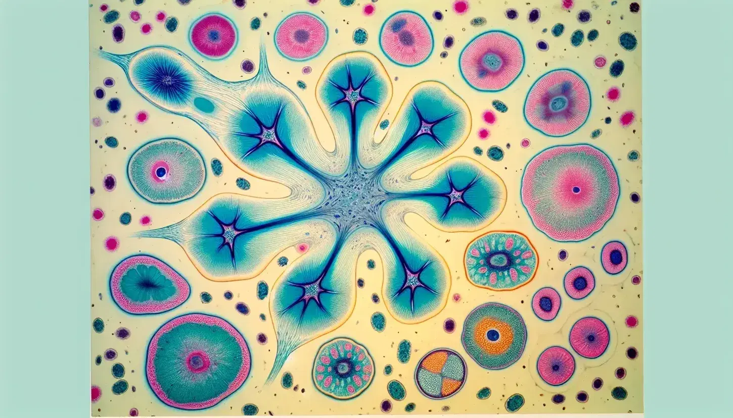 Vista microscópica de tejido cerebral con células estrelladas azules, células redondas verdes y células ovales rosas alineadas en tejido amarillo pálido.