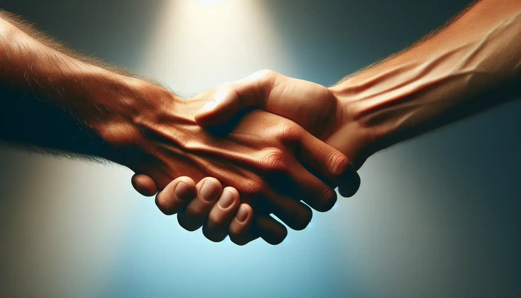 Due mani di etnie diverse si stringono in un saluto caloroso su sfondo sfumato blu-grigio, simbolo di fiducia e supporto reciproco.