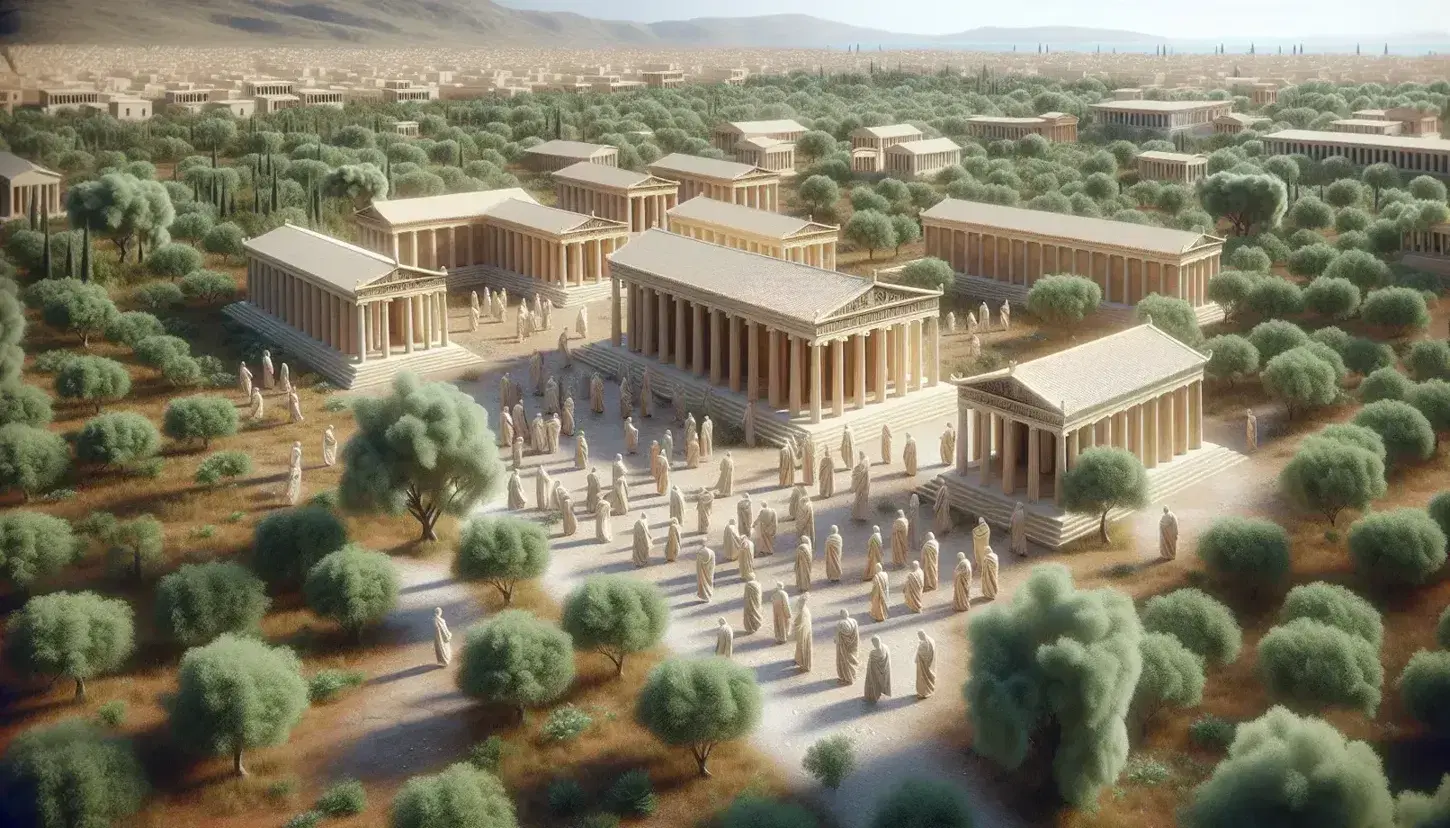 Reconstrucción tridimensional de la Academia de Platón con edificios de estilo clásico y figuras en túnicas debatiendo entre árboles y caminos de tierra en un día soleado.