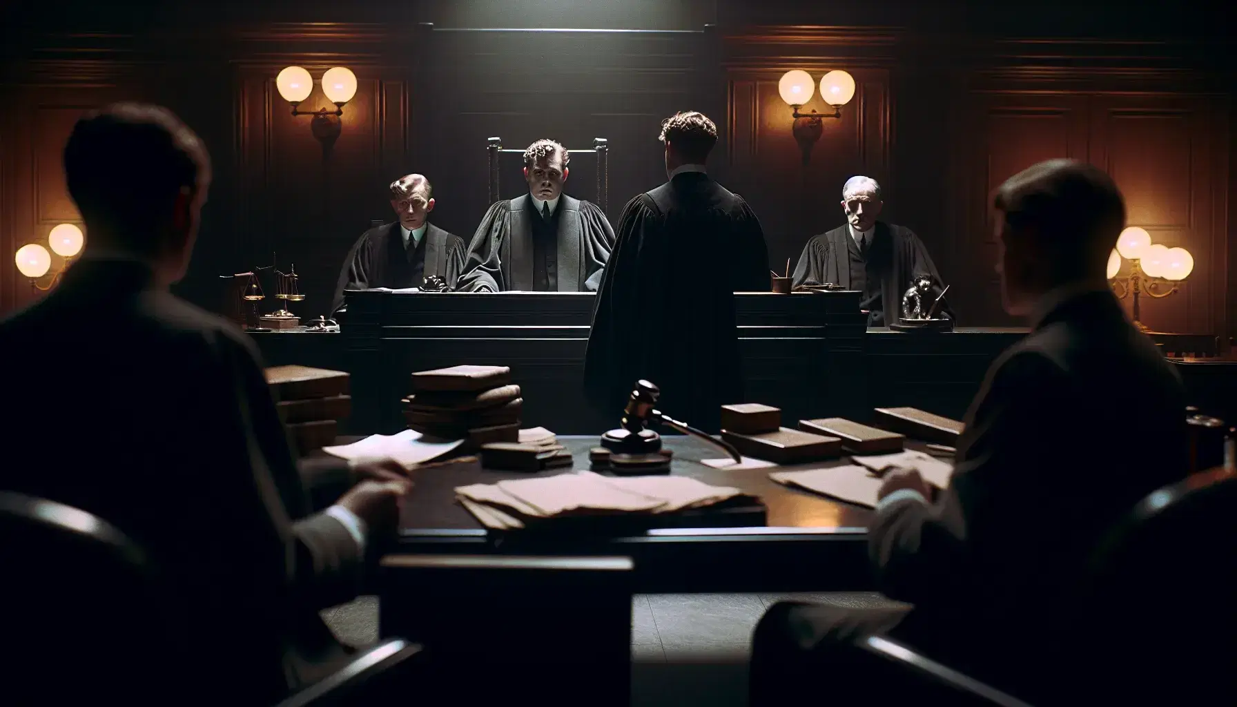 Scena di tribunale con giudice in toga seduto dietro scrivania, martelletto visibile, avvocati ai lati e documenti sparsi.