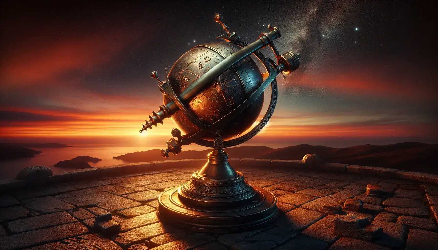 Osservatorio astronomico antico al tramonto con sestante in bronzo, globo celeste, telescopio antico e strumenti di misura in primo piano.