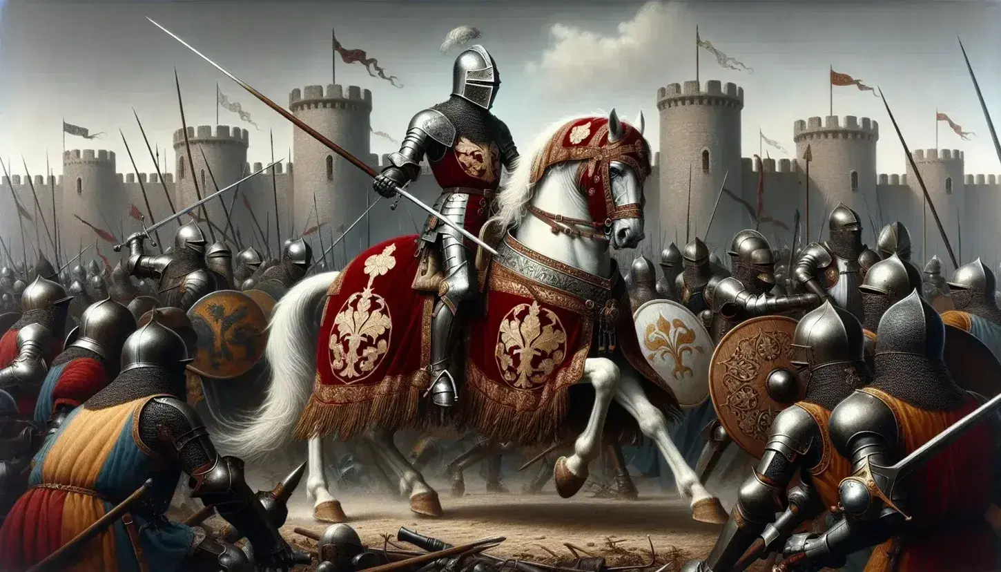 Cavaliere in armatura su cavallo bianco con lancia in scena di battaglia medievale, circondato da guerrieri e città fortificata sullo sfondo.