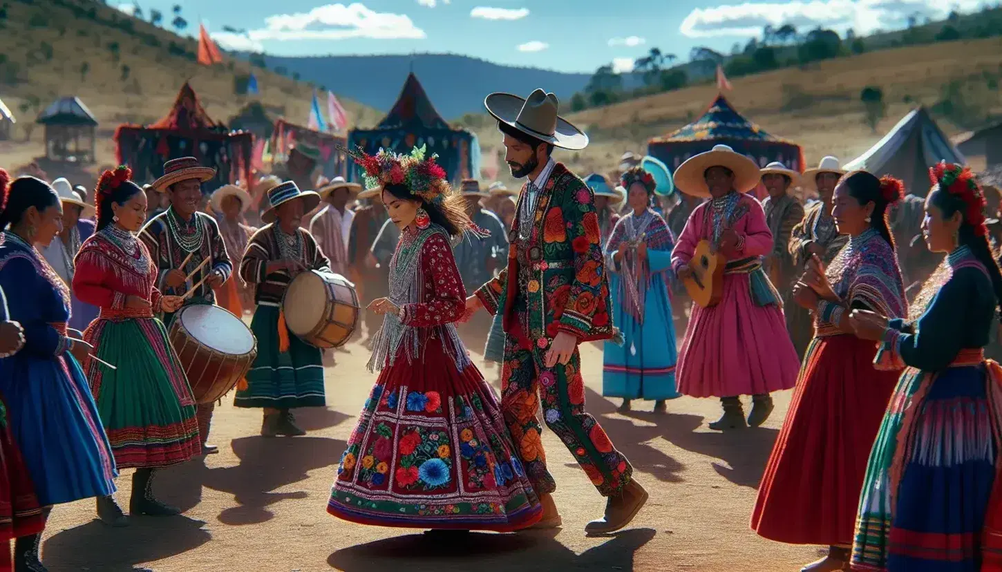 Mujer del sur de Asia bailando en traje rojo con bordados y hombre hispano con atuendo azul y sombrero en festividad tradicional peruana al aire libre.
