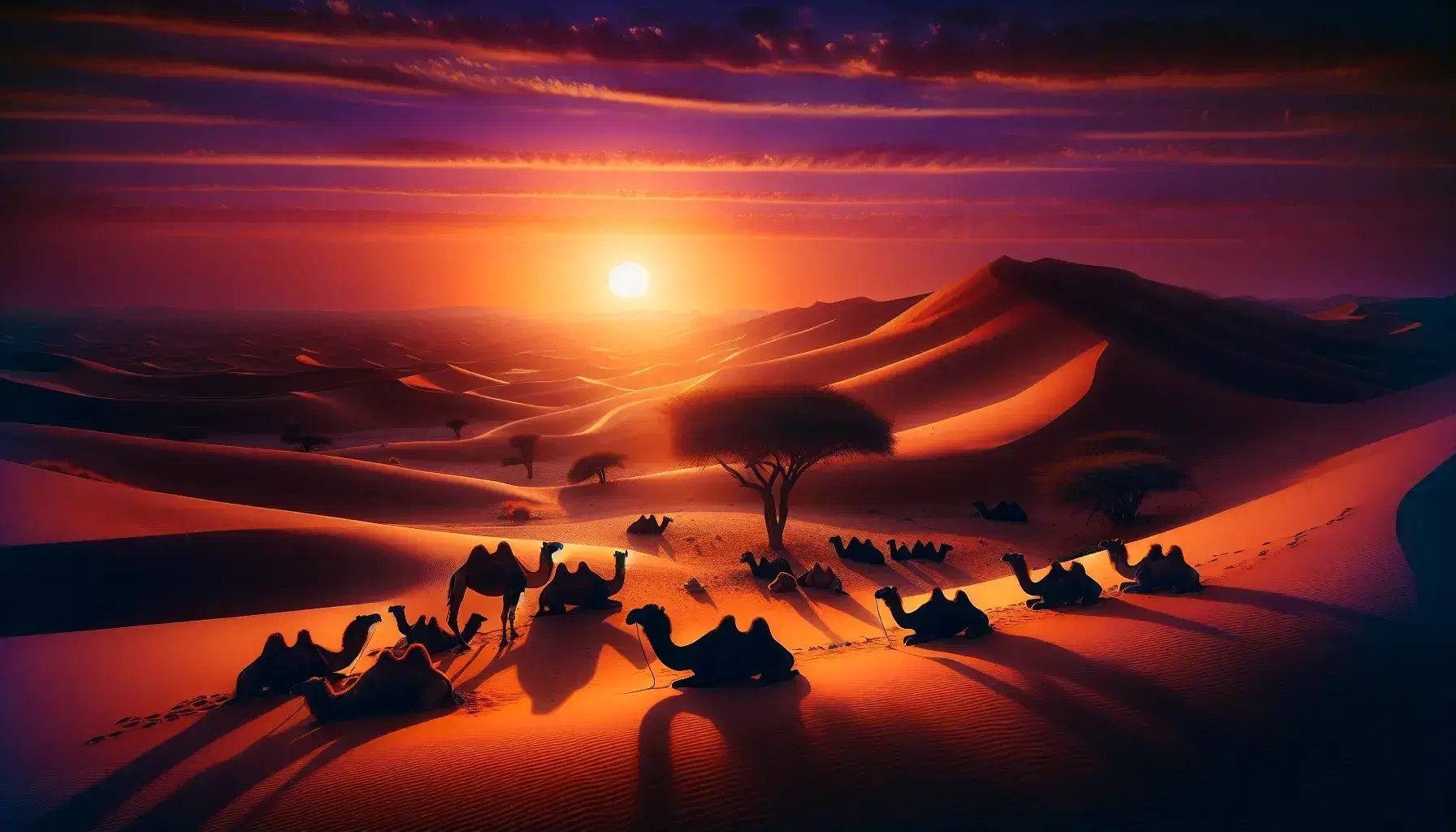 Serene dusk in pre-Islamic Arabian desert with resting camels, undulating dunes, a solitary acacia tree, and distant nomadic tents under a gradient sky.