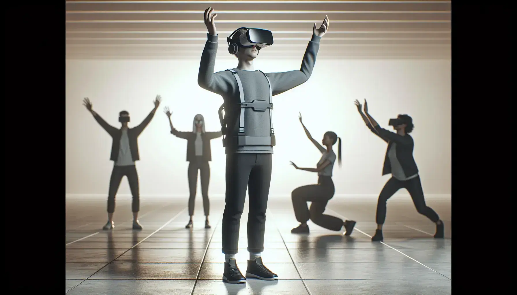 Grupo de cinco personas usando gafas de realidad virtual en espacio abierto iluminado, interactuando con entorno virtual invisible.