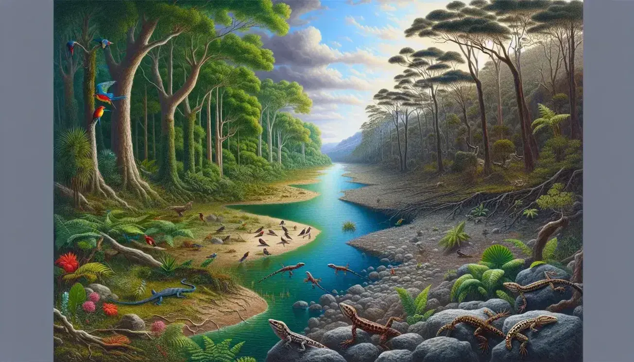 Panoramic landscape with a dense green forest on the left and a rocky terrain with sparse vegetation on the right, divided by a meandering blue river.