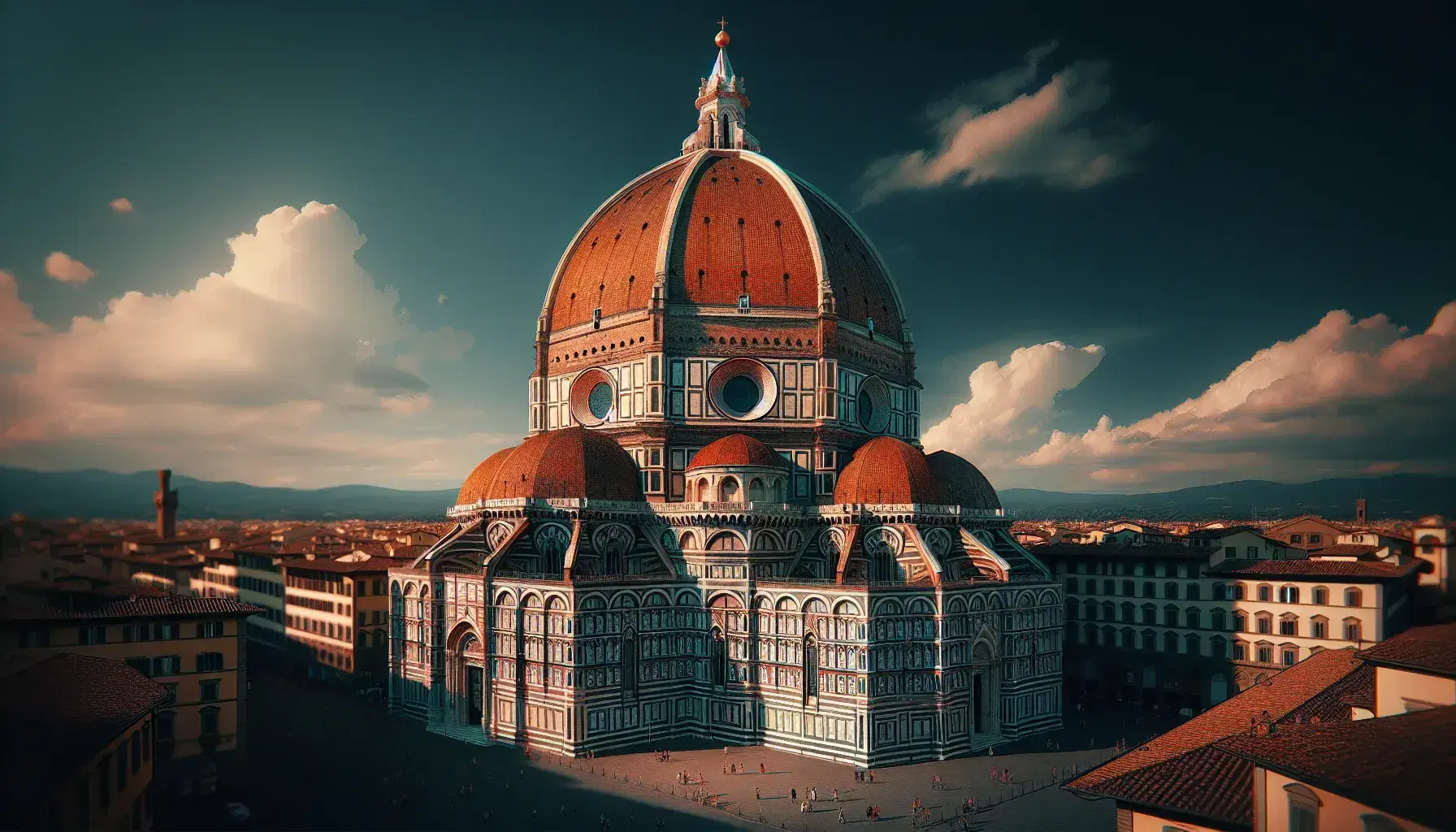 Cupola del Duomo di Santa Maria del Fiore a Firenze, con dettagli in marmo bianco, verde e rosso, sotto un cielo azzurro.