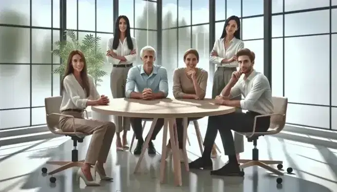 Grupo de cinco profesionales en una reunión en una oficina iluminada naturalmente, con tres sentados alrededor de una mesa de madera y dos de pie, en un ambiente decorado con plantas.