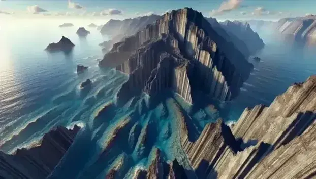 Ocean ridge in the foreground with turquoise waters and basalt rocks, central rift valley and blue sky with scattered clouds.