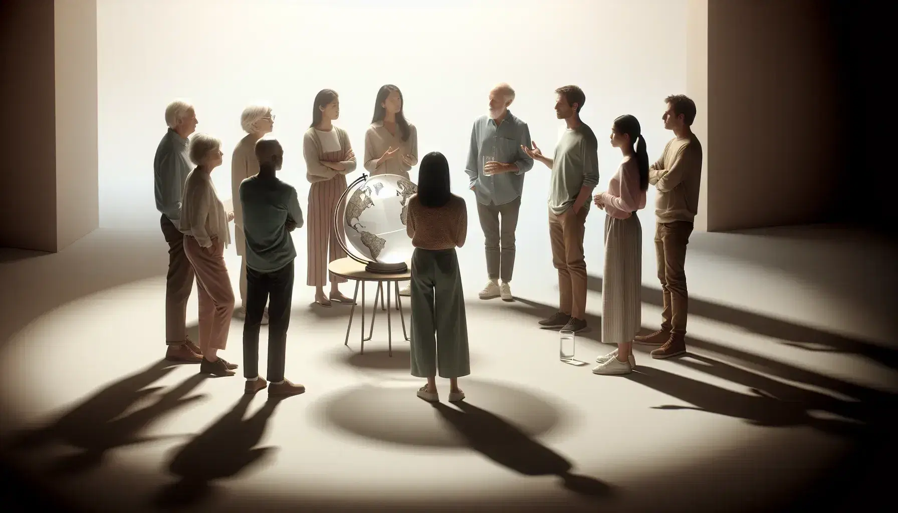 A diverse group of people in a circle discuss around a glass globe, a symbol of global perspective, in a softly lit environment.