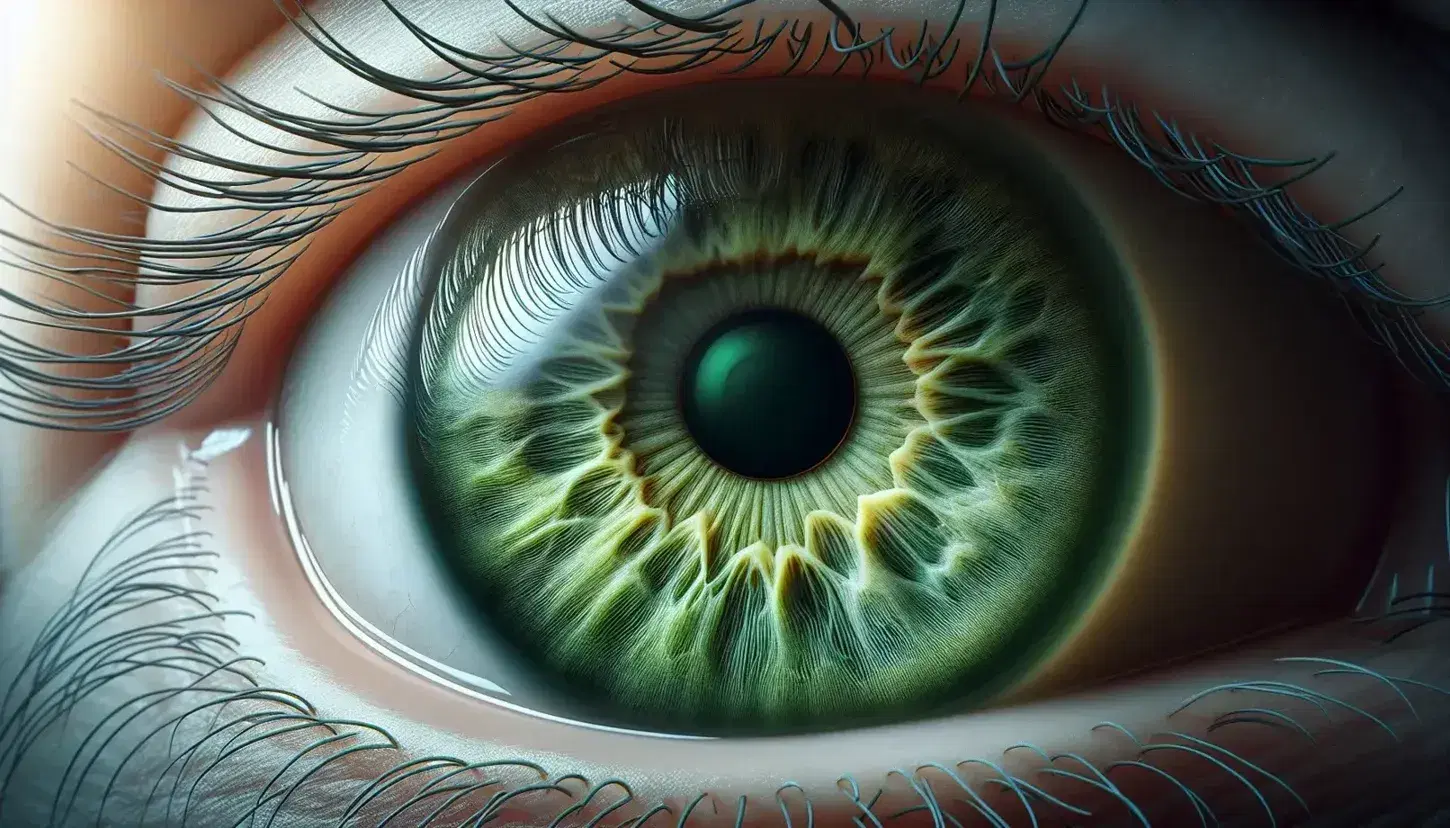 Primo piano di un occhio umano con iride verde brillante, pupilla dilatata e ciglia lunghe, su sfondo sfocato.