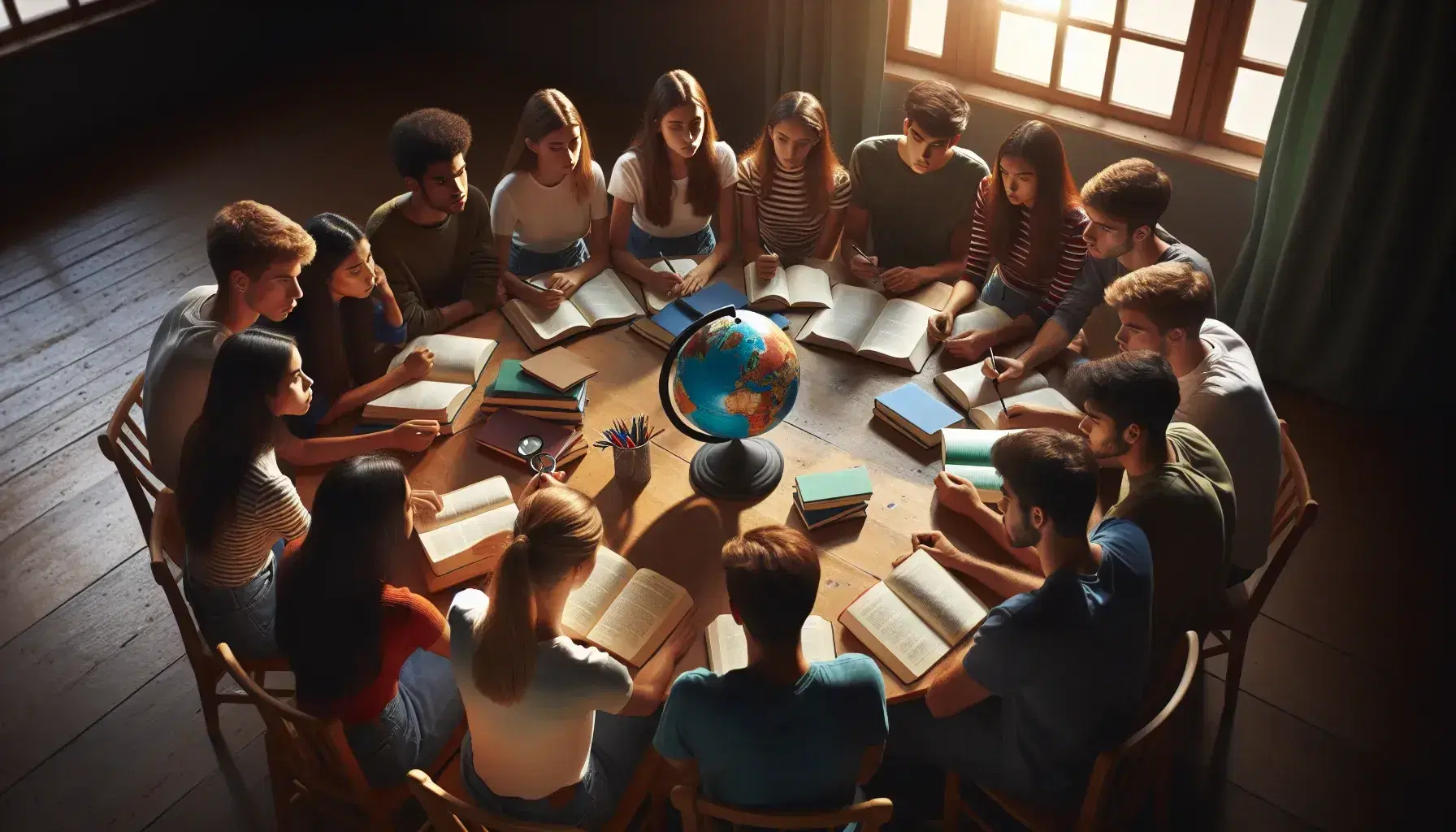 Grupo de estudiantes diversos analizando un globo terráqueo en una mesa redonda con cuadernos abiertos y luz natural, reflejando estudio y concentración.