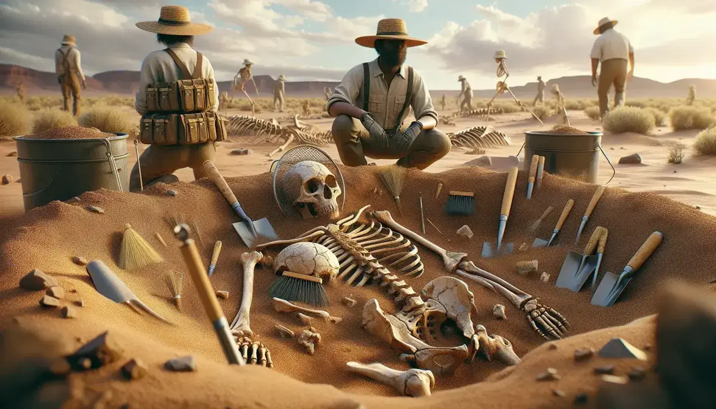 Scavo paleontologico nel deserto con scheletro di ominide parzialmente dissotterrato, strumenti di scavo e due archeologi al lavoro.