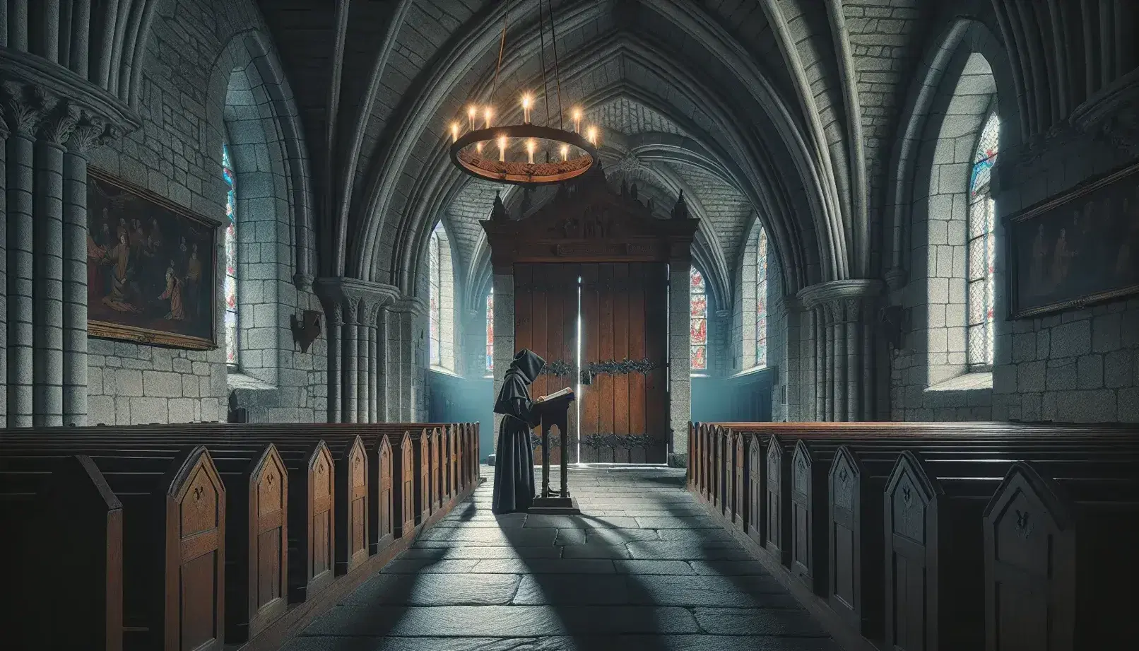 Gothic-style 16th-century European church interior with a monk at the pulpit, wooden pews, and stained glass windows in soft light.