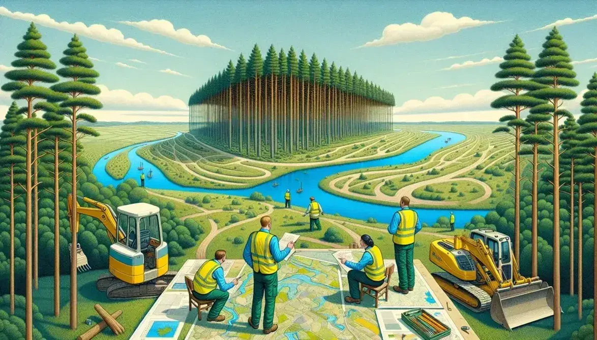 Paisaje natural con árboles, río y colinas, tres personas con chalecos revisan mapas en una mesa, excavadora amarilla y montones de tierra al lado.