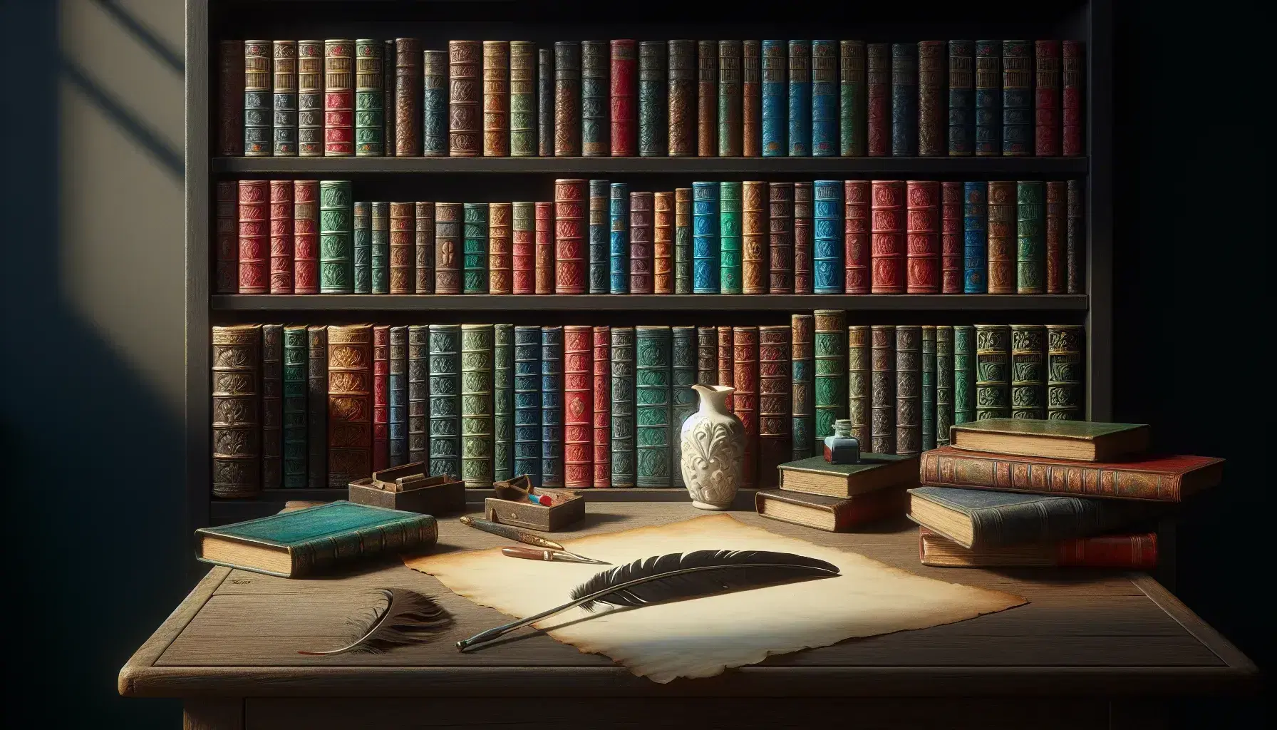 Estantería de madera oscura con libros de colores variados y mesa con tintero de porcelana blanca, pluma y pergamino parcialmente desenrollado.