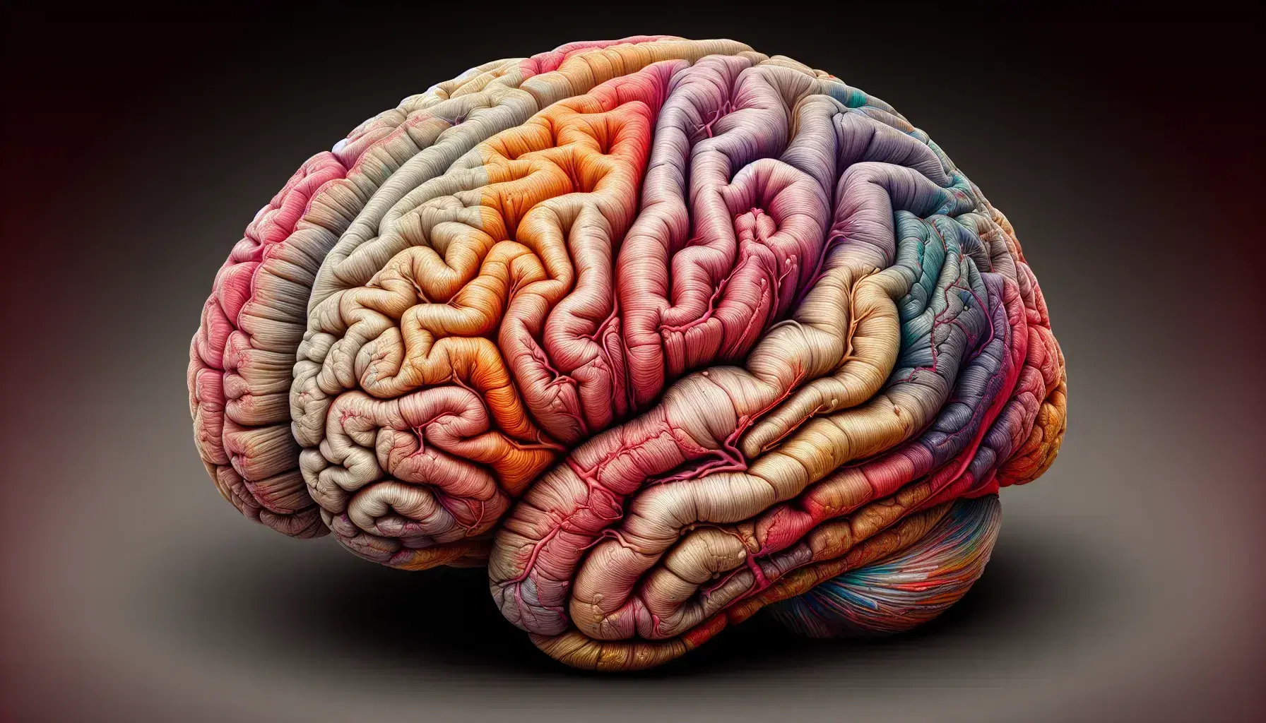Rappresentazione dettagliata del cervello umano visto dall'alto con emisferi cerebrali colorati e solchi evidenti su sfondo neutro.