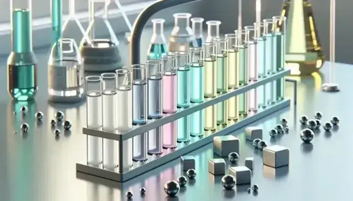 Provette in vetro con soluzioni colorate da bianco latte a giallo limone e blocchi metallici argentei su banco da laboratorio, rappresentando reazioni di metalli alcalino-terrosi.