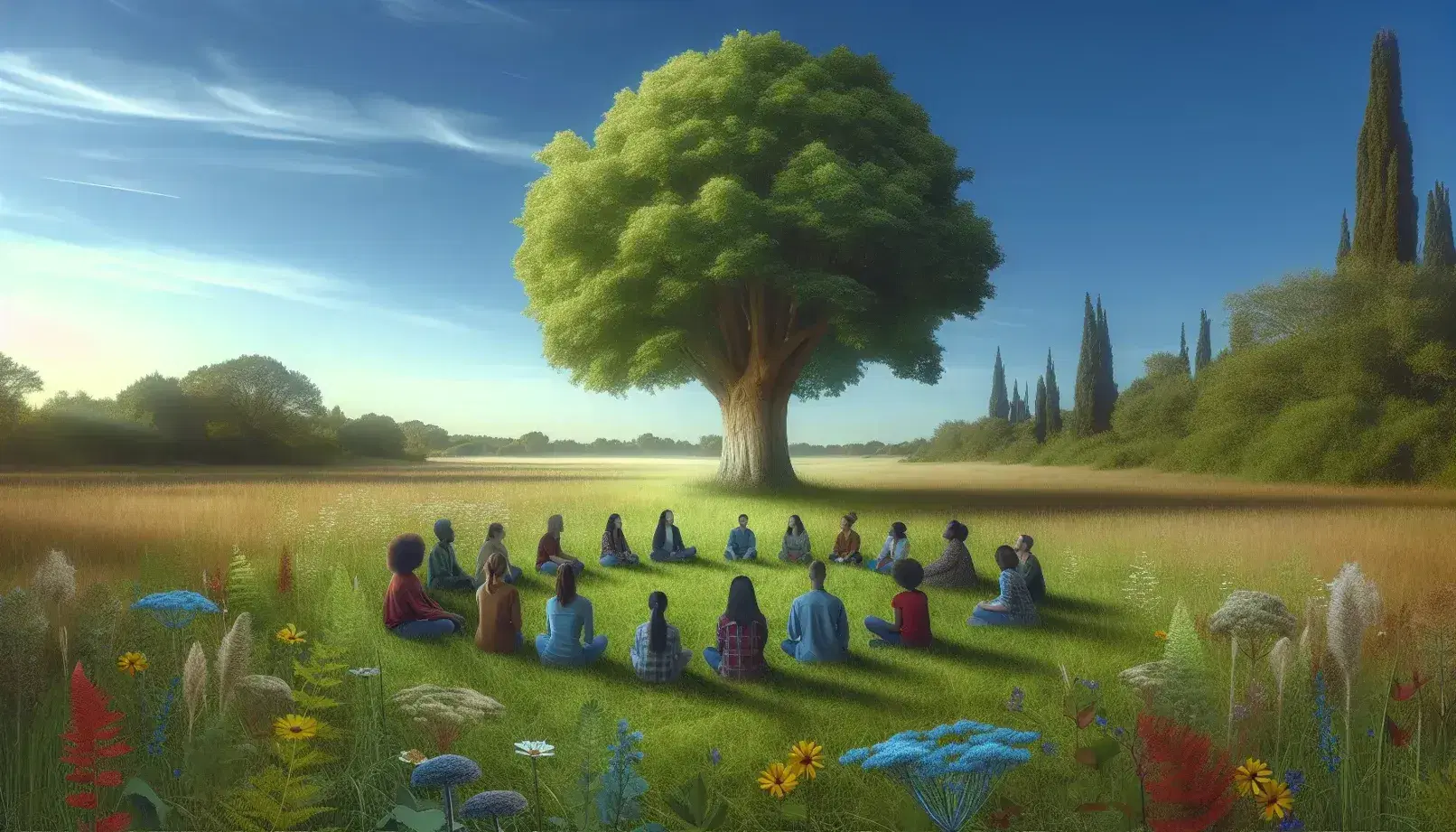 Natural landscape with green meadow, lush tree and multi-ethnic group sitting in a circle, cloudless blue sky.