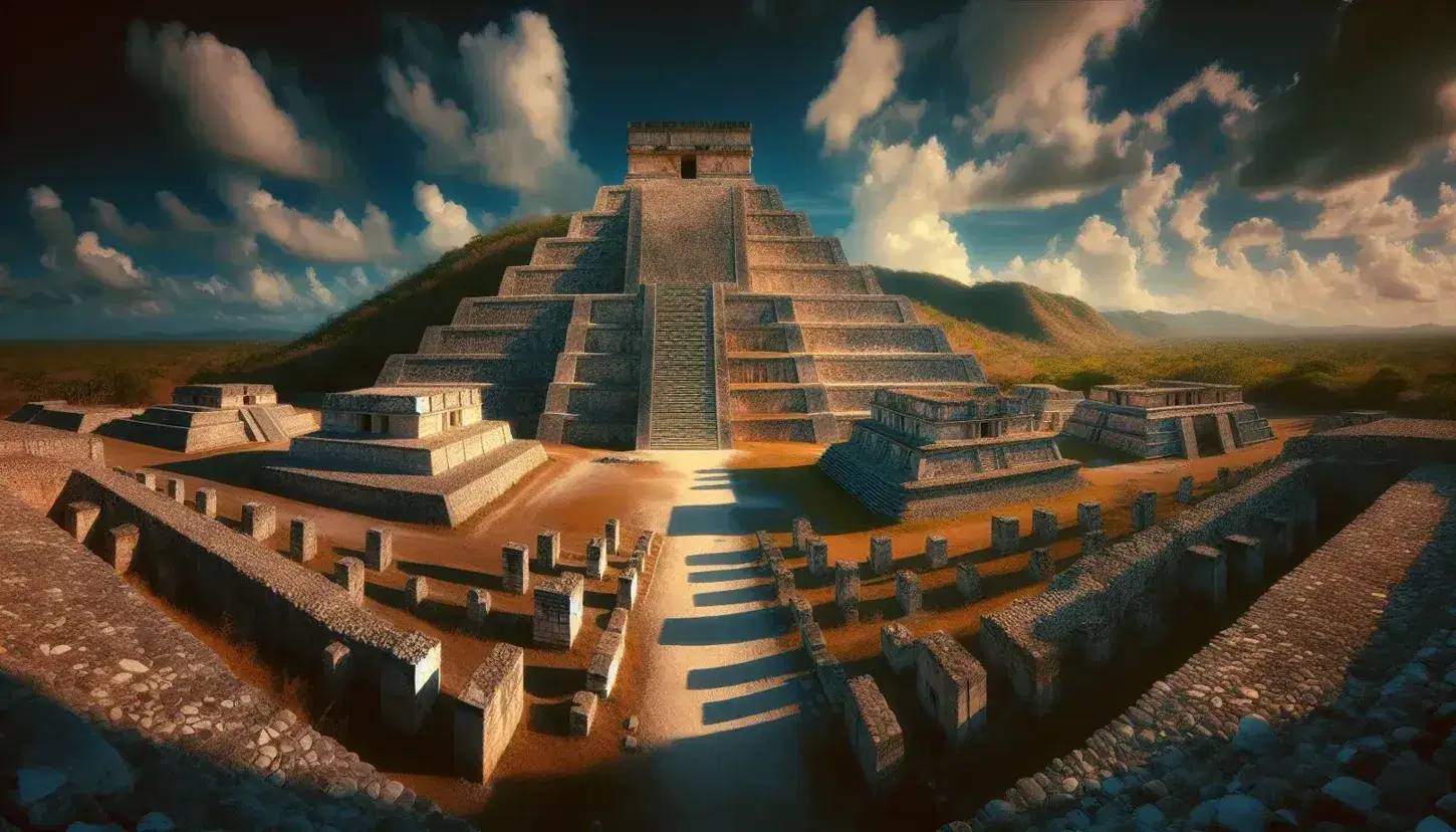 Vista panorámica de ruinas de una ciudad mesoamericana antigua con pirámide escalonada y columnas de piedra bajo cielo azul.