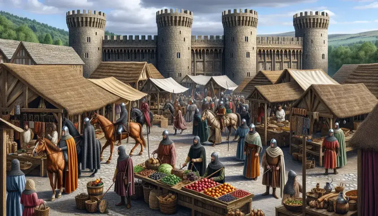 Medieval scene with crowded market, wooden stalls, knights in armour, stone castle with crenellated towers under a blue sky.