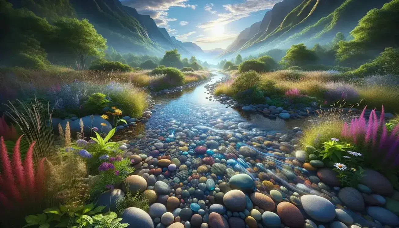 Paisaje natural con río cristalino fluyendo sobre piedras multicolores, rodeado de vegetación verde y flores silvestres, bajo un cielo azul con montañas al fondo.